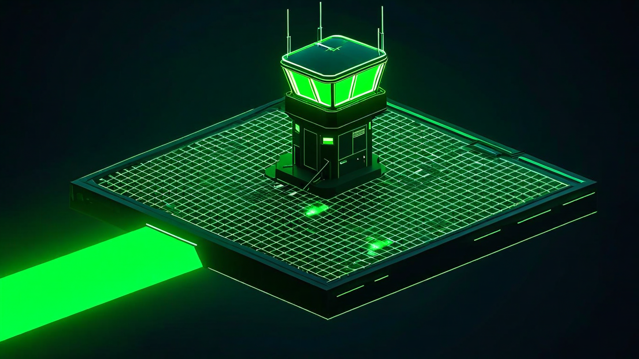 Isometric landing pad with control tower and wireframe grid