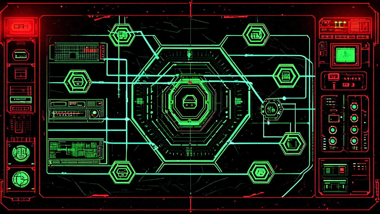 Abstract cyberpunk visualization of governance rules as interconnected nodes